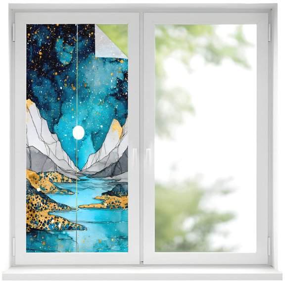Window Privacy Film Grey Gold Mountains Stained Glass Window Film Decorative Sun Block Window Cover Abstract Turquoise Blue Marble Moon Window Clings Static Adhesive Sticker for Bathroom 19.6"x39.3"