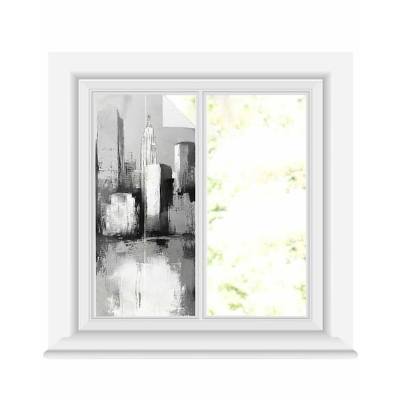 Window Privacy Film Grey Oil Painting Stained Glass Window Film Decorative Sun Block Window Cover Modernism Minimalist City Window Clings Static Adhesive Sticker for Bathroom 17.7"x39.3"