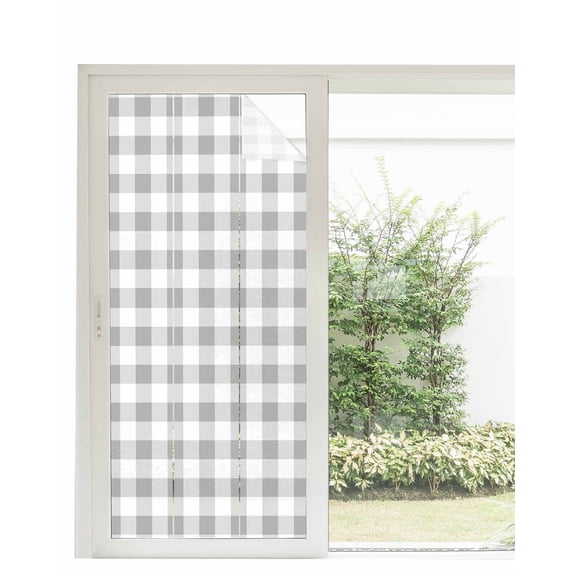 Window Privacy Film Grey Plaid Stained Glass Window Film Decorative Sun Block Window Cover Gradient Geometric Buffalo White Checkered Window Clings Static Adhesive Sticker for Bathroom 35.4"x78.7"