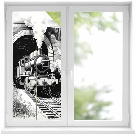 Window Privacy Film Grey Trains Stained Glass Window Film Decorative Sun Block Window Cover Black White Vintage Tunnels Hand Print Art Window Clings Static Adhesive Sticker for Bathroom 17.7"x39.3"