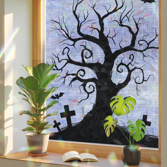 Window Privacy Film Halloween Dead Trees on Purple Stained Glass Static Cling 18x39inch, Horror Moon Crow Rainbow Window Film Glass Sticker for Bathroom Bedroom Home