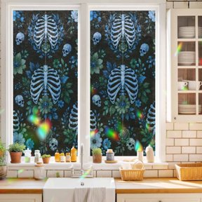 Window Privacy Film,Halloween Flower Skull Skeleton Static Clings Decorative Rainbow Window Films Stickers Floral Leaves on Black Sun Blocking Glass Cover for Home Bathroom Office,17.7"x39.3"