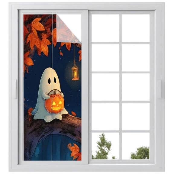 Window Privacy Film Halloween Ghost Stained Glass Window Film Decorative Sun Block Window Cover Horror Pumpkin Light Maple Leaves Tree Window Clings Static Adhesive Sticker for Bathroom 23.6"x59"