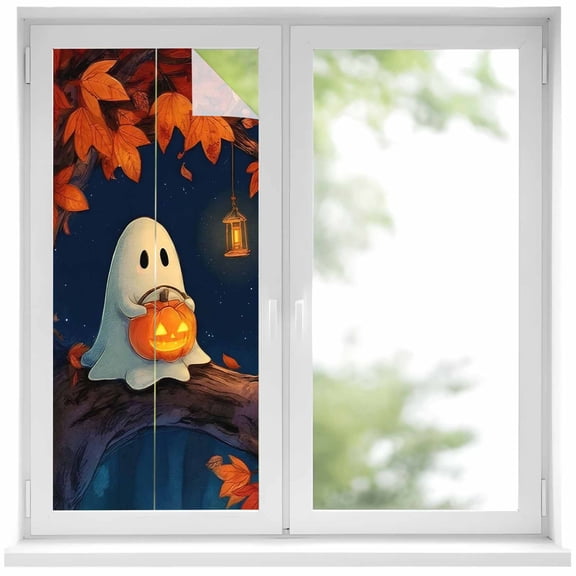 Window Privacy Film Halloween Ghost Stained Glass Window Film Decorative Sun Block Window Cover Horror Pumpkin Light Maple Leaves Tree Window Clings Static Adhesive Sticker for Bathroom 17.7"x39.3"