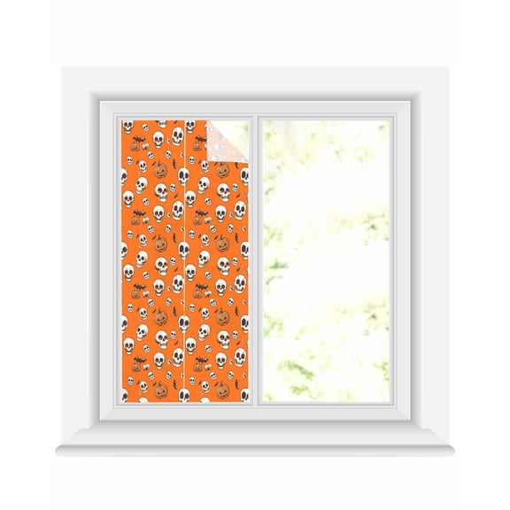 Window Privacy Film Halloween Horror Skull Stained Glass Window Film Decorative Sun Block Window Cover Pumpkins Bats Orange Window Clings Static Adhesive Sticker for Bathroom 19.6"x39.3"