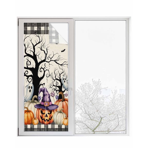 Window Privacy Film Halloween Pumpkin Stained Glass Window Film Decorative Sun Block Window Cover Ghost Bat Candy Black Plaid Check Window Clings Static Adhesive Sticker for Bathroom 23.6"x59"