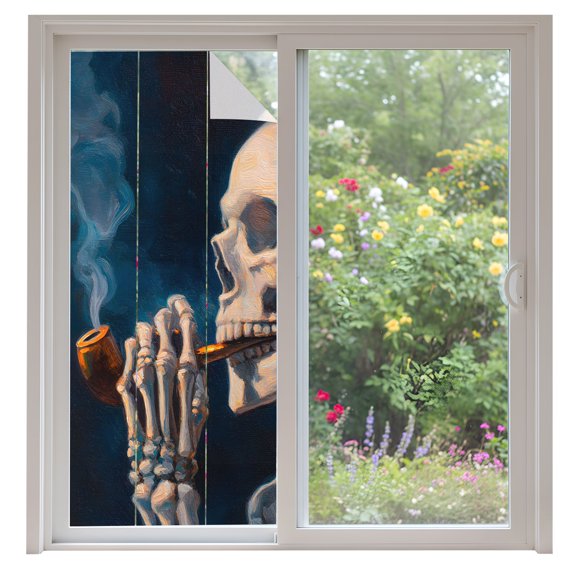 Window Privacy Film Halloween Skeleton Stained Glass Window Film Decorative Sun Block Window Cover Fall Horror Scary Skull Blue Window Clings Static Adhesive Sticker for Bathroom 35.4"x78.7"