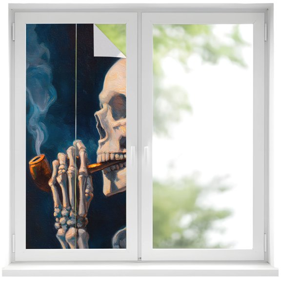 Window Privacy Film Halloween Skeleton Stained Glass Window Film Decorative Sun Block Window Cover Fall Horror Scary Skull Blue Window Clings Static Adhesive Sticker for Bathroom 19.6"x39.3"