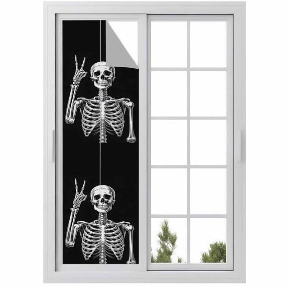 Window Privacy Film Halloween Skeleton Stained Glass Window Film Decorative Sun Block Window Cover Retro Funny Skull Abstract Black Window Clings Static Adhesive Sticker for Bathroom 29.5"x118"