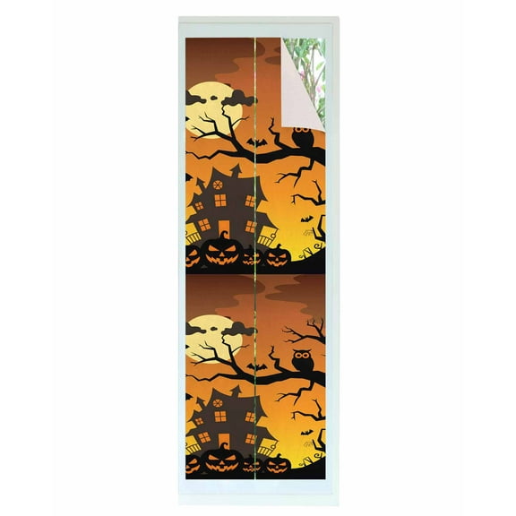 Window Privacy Film Halloween Stained Glass Window Film Decorative Sun Block Window Cover Black Castle Dead Tree Owl Halloween Pumpkins Window Clings Static Adhesive Sticker for Bathroom 29.5"x118"