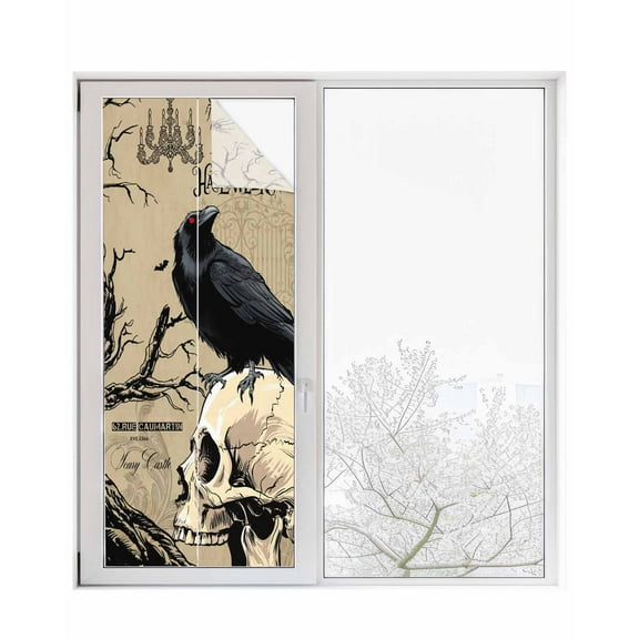 Window Privacy Film Halloween Stained Glass Window Film Decorative Sun Block Window Cover Brown Spooky Skull Head Crow Tree Branch Window Clings Static Adhesive Sticker for Bathroom 23.6"x59"
