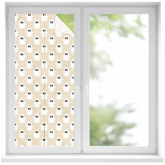Window Privacy Film Halloween Stained Glass Window Film Decorative Sun Block Window Cover Brown White Spooky Green Eyes Ghost Floating Window Clings Static Adhesive Sticker for Bathroom 19.6"x39.3"