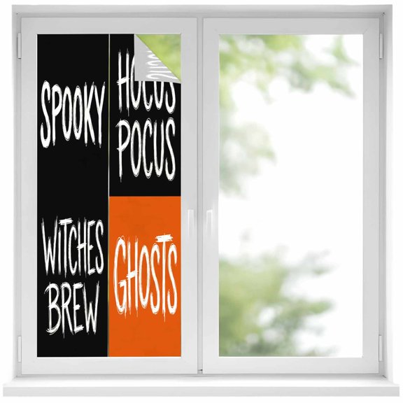 Window Privacy Film Halloween Stained Glass Window Film Decorative Sun Block Window Cover Fall Horror Letters Spooky Ghosts Black Orange Window Clings Static Adhesive Sticker for Bathroom 19.6"x39.3"