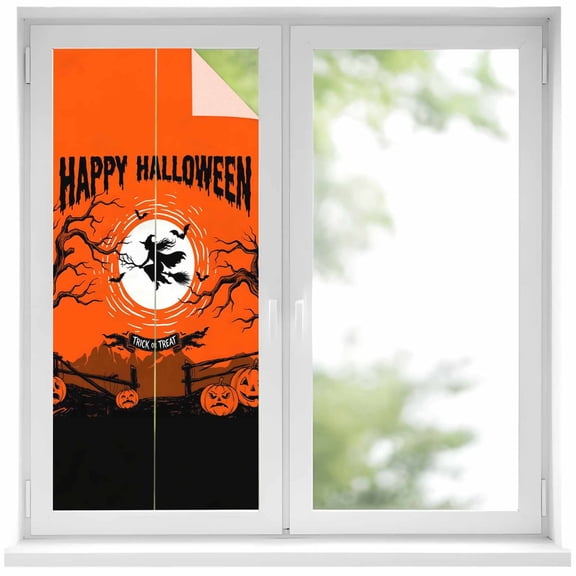 Window Privacy Film Halloween Stained Glass Window Film Decorative Sun Block Window Cover Fall Spooky Horror Witches Pumpkins Orange Window Clings Static Adhesive Sticker for Bathroom 19.6"x39.3"