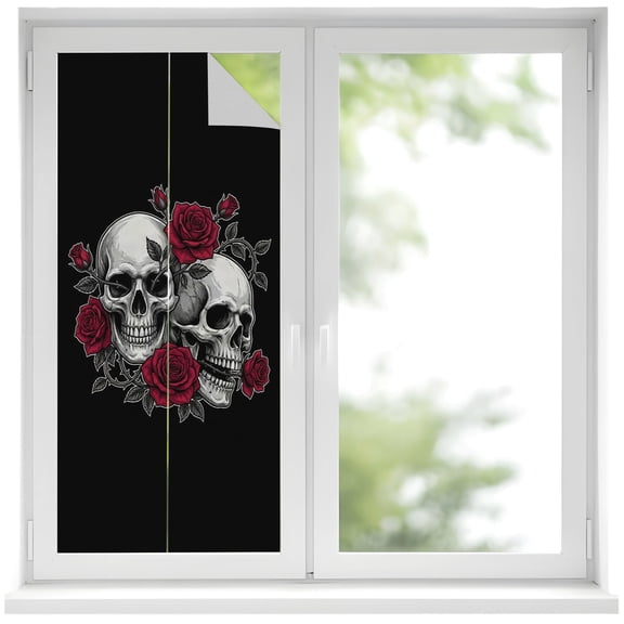 Window Privacy Film Halloween Stained Glass Window Film Decorative Sun Block Window Cover Scary White Skulls Skeleton Romantic Red Rose Window Clings Static Adhesive Sticker for Bathroom 17.7"x39.3"