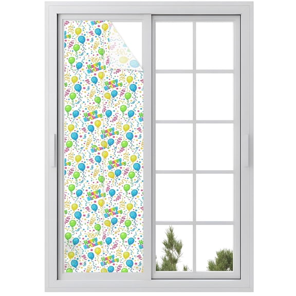 Window Privacy Film Happy Birthday Stained Glass Window Film Decorative Sun Block Window Cover Cartoon Funny Coloured Ribbon Balloon Window Clings Static Adhesive Sticker for Bathroom 17.7"x78.7"