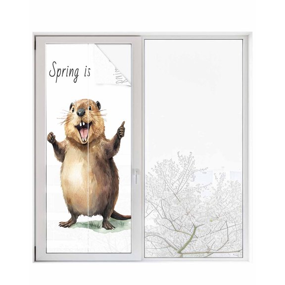 Window Privacy Film Happy Groundhog Day Stained Glass Window Film Decorative Sun Block Window Cover Funny Cute Animal Spring Pastoral Window Clings Static Adhesive Sticker for Bathroom 23.6"x59"