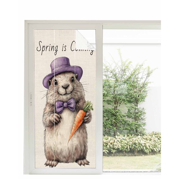 Window Privacy Film Happy Groundhog Day Stained Glass Window Film Decorative Sun Block Window Cover Spring Carrot Funny Cute Animals Window Clings Static Adhesive Sticker for Bathroom 35.4"x78.7"