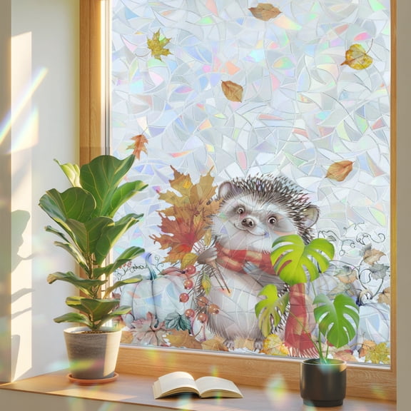 Window Privacy Film Hedgehog Autumn Thanksgiving Pumpkin Stained Glass Static Cling 18x39inch, Farm Burnt Orange White Rainbow Window Film Glass Sticker for Bathroom Bedroom Home