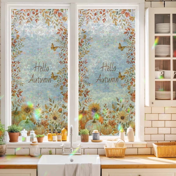 Window Privacy Film,Hello Autumn Words Butterfly Static Clings Decorative Rainbow Window Films Stickers Fall Pumpkins Sunflowers Sun Blocking Glass Cover for Home Bathroom Office,17.7"x39.3"