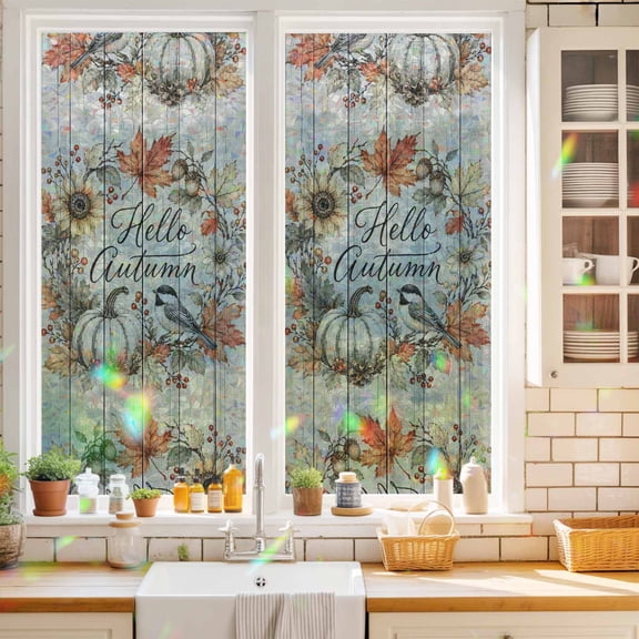 Window Privacy Film,Hello Autumn Words on Wood Static Clings Decorative Rainbow Window Films Stickers Retro Pumpkins Sunflowers Sun Blocking Glass Cover for Home Bathroom Office,17.7"x39.3"
