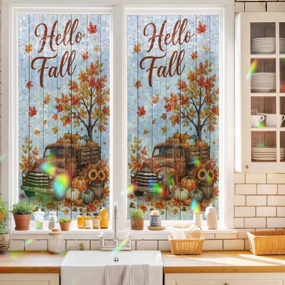 Window Privacy Film,Hello Fall Words Brown Truck Static Clings Decorative Rainbow Window Films Stickers Maple Leaves Sunflowers Sun Blocking Glass Cover for Home Bathroom Office,17.7"x39.3"