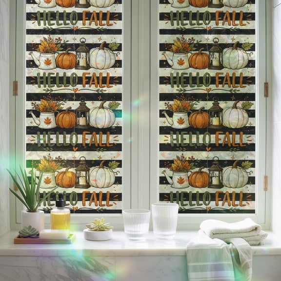 Window Privacy Film,Hello Fall Words Pumpkins Static Clings Decorative Rainbow Window Films Stickers Thanksgiving Black Striped Sun Blocking Glass Cover for Home Bathroom Office,17.7"x39.3"