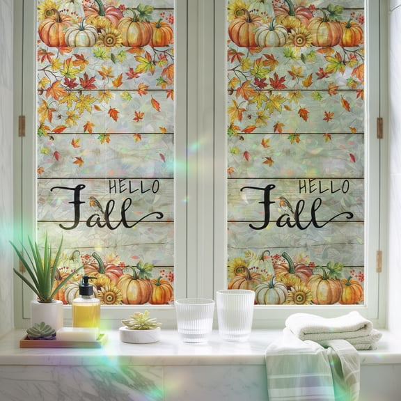Window Privacy Film,Hello Fall Words on Wood Board Static Clings Decorative Rainbow Window Films Stickers Pumpkin Maple Leaf Sun Blocking Glass Cover for Home Bathroom Office,17.7"x39.3"