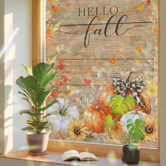 Window Privacy Film Hello Fall Words on Wood Stained Glass Static Cling 18x39inch, Thanksgiving Pumpkins Maple Leave Rainbow Window Film Glass Sticker for Bathroom Bedroom Home