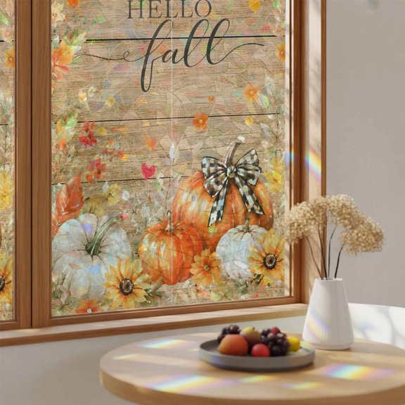 Window Privacy Film Hello Fall Words on Wood Stained Glass Static Cling 24x59inch, Thanksgiving Pumpkins Maple Leave Rainbow Window Film Glass Sticker for Bathroom Bedroom Home