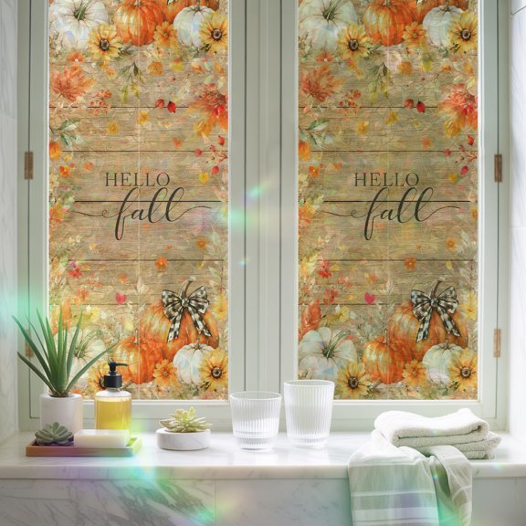 Window Privacy Film,Hello Fall Words on Wood Static Clings Decorative Rainbow Window Films Stickers Thanksgiving Pumpkins Maple Leave Sun Blocking Glass Cover for Home Bathroom Office,17.7"x39.3"