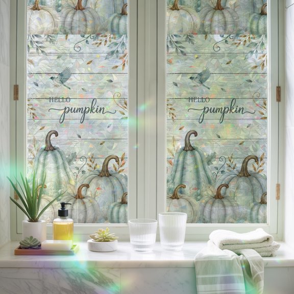 Window Privacy Film,Hello Pumpkin Words Static Clings Decorative Rainbow Window Films Stickers Farm Thanksgiving Bird Sun Blocking Glass Cover for Home Bathroom Office,17.7"x39.3"