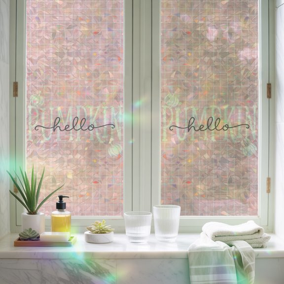 Window Privacy Film,Hello Pumpkins Words Static Clings Decorative Rainbow Window Films Stickers Pink Plaid Background Sun Blocking Glass Cover for Home Bathroom Office,17.7"x39.3"