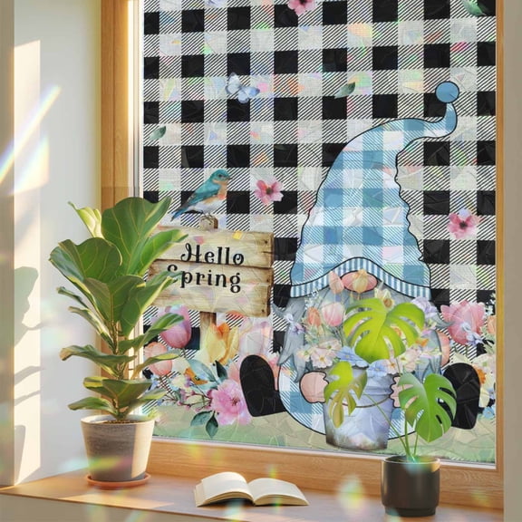 Window Privacy Film Hello Spring Gnome Stained Glass Window Film Tulip Floral Bird Butterfly Black Plaid Static Window Clings for Glass Windows Home Bathroom Living Room Office Sticker 17.7"39.3"