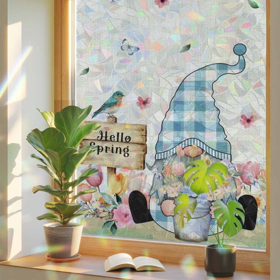 Window Privacy Film Hello Spring Gnome Stained Glass Window Film Tulip Floral Bird Butterfly Rainbow Static Window Clings for Glass Windows Home Bathroom Living Room Office Door Sticker 17.7"39.3"