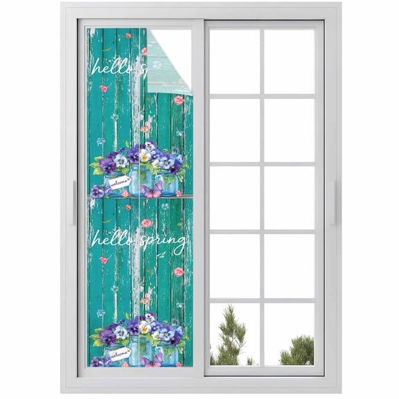Window Privacy Film Hello Spring Stained Glass Window Film Decorative Sun Block Window Cover Pastoral Purple Bottle Floral Dark Green Wood Window Clings Static Sticker for Bathroom 29.5"x118"