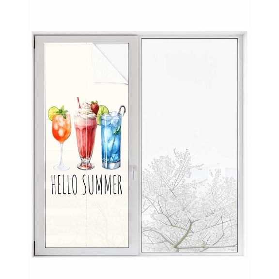 Window Privacy Film Hello Summer Stained Glass Window Film Decorative Sun Block Window Cover Orange Red Blue Drink Beige Window Clings Static Adhesive Sticker for Bathroom 23.6"x59"