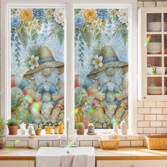 Window Privacy Film,Hello Summer Words Gnome Static Clings Decorative Rainbow Window Films Stickers Watercolor Blue Red Flowers Sun Blocking Glass Cover for Home Bathroom Office,17.7"x39.3"