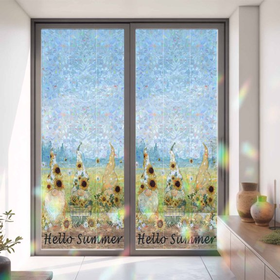 Window Privacy Film,Hello Summer Words on Wood Board Static Clings Decorative Rainbow Window Films Stickers Farm Sunflowers Gnomes Sun Blocking Glass Cover for Home Bathroom Office,35.4"x78.7"