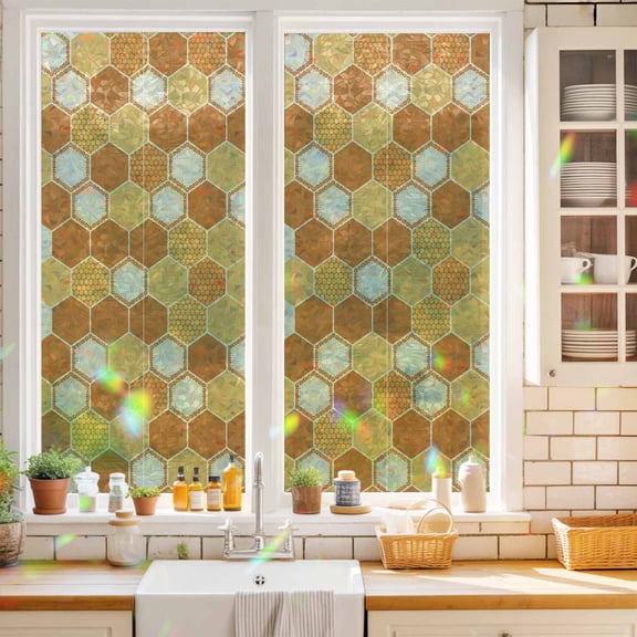 Window Privacy Film, Hive Stained Glass Rainbow Film Yellow Orange Hexagon Decorative Window Clings, Static Cling Sun Blocking Stickers For Bathroom Bedroom 17.7"x39.3"