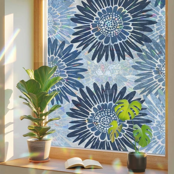 Window Privacy Film for Home Office Static Cling, Blue Sunflowers Decorative Stained Glass Window Film for Small Windows/Cabinet Glass Spring Floral Modern Abstract Art 17.7 x 39.3 Inches