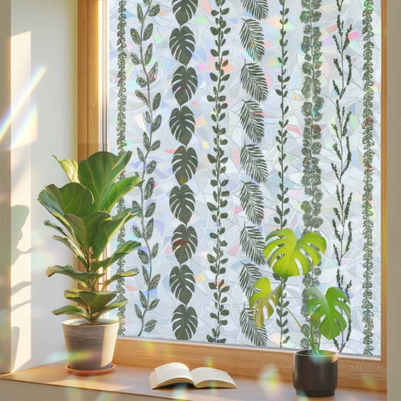 Window Privacy Film for Home Office Static Cling, Dark Sage Green Botanical Decorative Stained Glass Window Film for Small Windows Summer Botanical Leaf Vertical Stripes 17.7 x 39.3 Inches