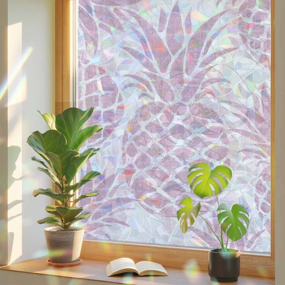 Window Privacy Film for Home Office Static Cling, Pink Pineapple Decorative Stained Glass Window Film for Standard Windows/Bathroom Windows Summer Botanical Tropical Fruits 23.6 x 59 Inches