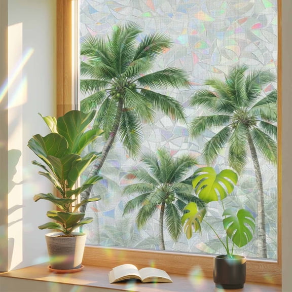 Window Privacy Film for Home Office Static Cling, Seaside Green Palm Trees Decorative Stained Glass Window Film for Small Windows/Cabinet Glass Tropical Summer Botanical Rustic 17.7 x 39.3 Inches