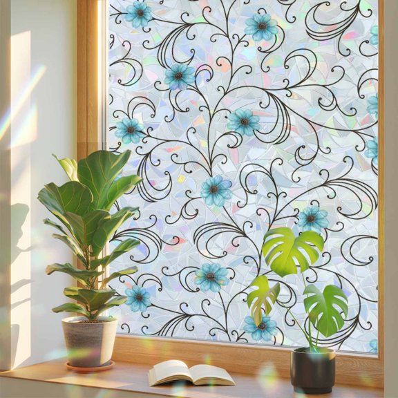 Window Privacy Film for Home Office Static Cling, Teal Blue Daisy Flowers Decorative Stained Glass Window Film for Large Sliding Door Spring Floral Elegant Pastoral 29.5 x 118 Inches