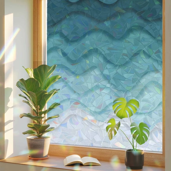 Window Privacy Film for Home Office Static Cling, Turquoise Stripes Stained Glass Window Film for Large Sliding Door/Floor-to-Ceiling Windows Farmhouse Gradient Sea Waves Beach 29.5 x 118 Inches