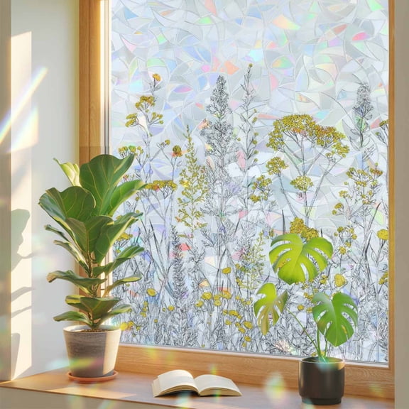 Window Privacy Film for Home Office Static Cling, Yellow Spring Floral Decorative Stained Glass Window Film for Small Windows/Kitchen Windows Elegant Pastoral Flowers 19.6 x 39.3 Inches