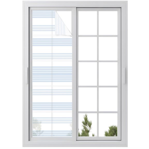 Window Privacy Film Horizontal Striped Stained Glass Window Film Decorative Sun Block Window Cover Modern Simple Lines Pattern Sky Blue Window Clings Static Adhesive Sticker for Bathroom 23.6"x78.7"