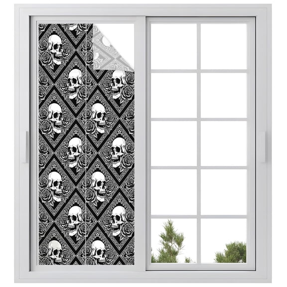 Window Privacy Film Horror Skull Stained Glass Window Film Decorative Sun Block Window Cover Black Rose Baroque Abstract Geometric Art Window Clings Static Adhesive Sticker for Bathroom 23.6"x59"