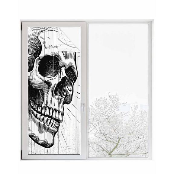 Window Privacy Film Horror Skull Stained Glass Window Film Decorative Sun Block Window Cover Black Skeleton Spooky Halloween Window Clings Static Adhesive Sticker for Bathroom 23.6"x59"